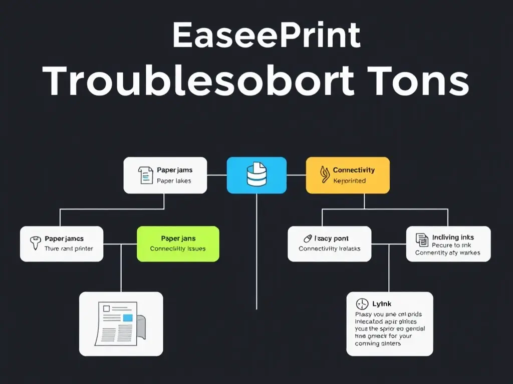 A visual representation of EasePrint's troubleshooting tools, showing a flowchart of common printer problems and solutions. The image includes icons representing paper jams, connectivity issues, and ink problems.