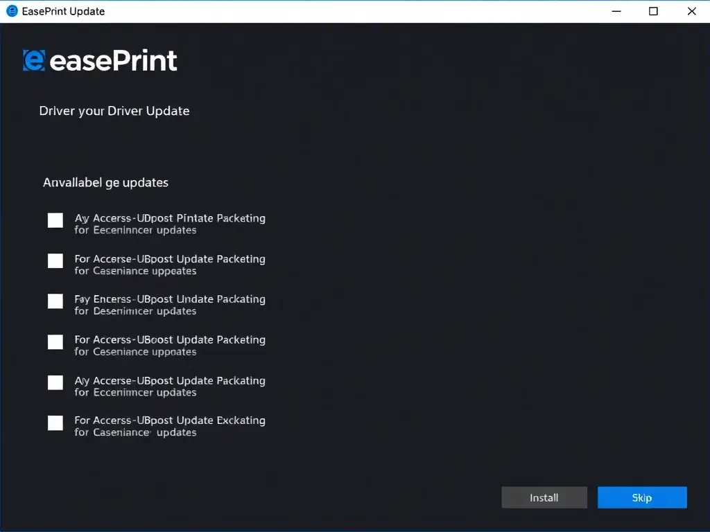 A screenshot of the EasePrint software showing the driver update section. The software is displaying a list of available driver updates for the connected printer, with options to install or skip.