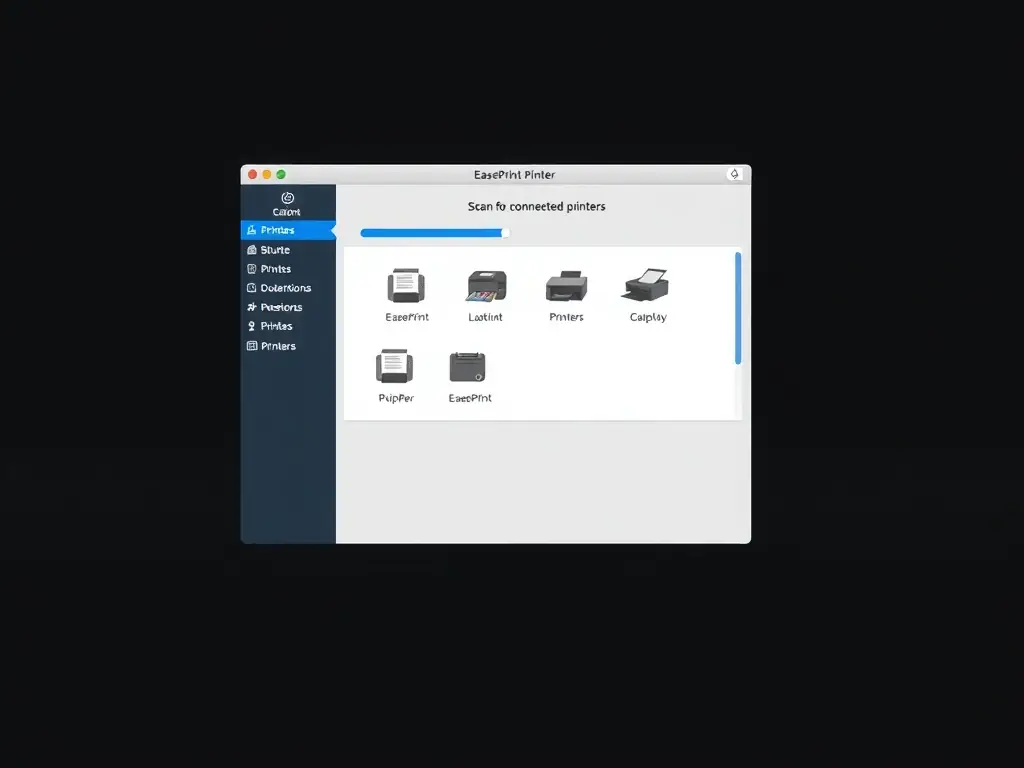 A clean, modern interface of the EasePrint software, highlighting its automatic printer detection feature. The software is scanning for connected printers, displaying a progress bar and printer icons.