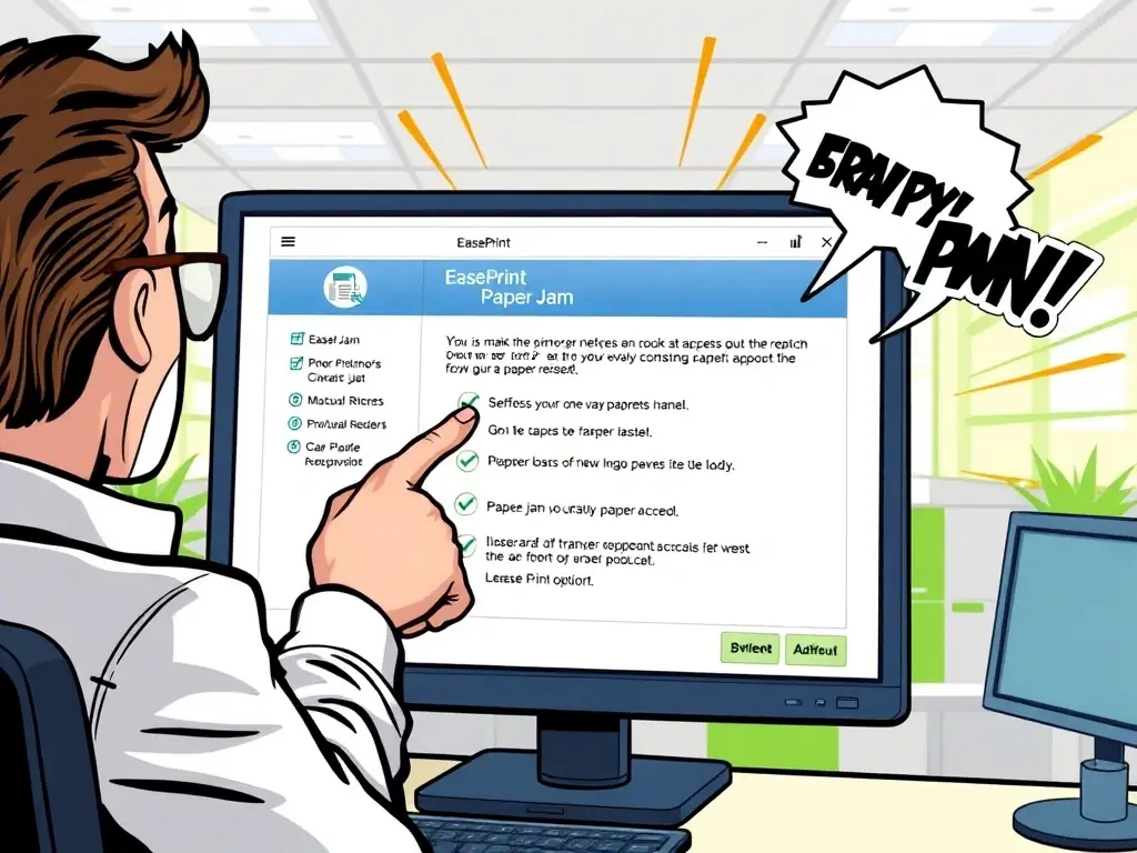 An illustration showing EasePrint guiding a user through troubleshooting steps for a common printer issue, such as a paper jam or printer offline error.