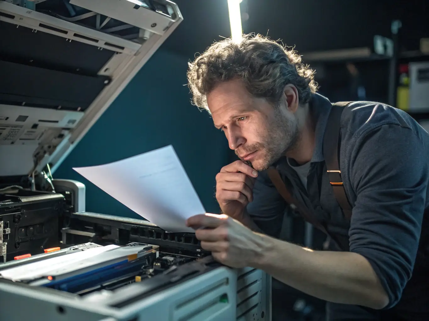 A close-up image of a printer with a paper jam, showing a hand carefully removing the jammed paper. The image should be clear and instructive.