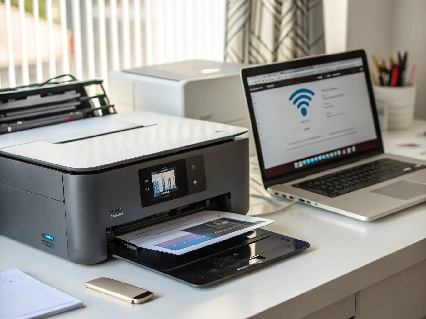 An image of a computer screen displaying Wi-Fi settings, with a printer icon nearby. The image should represent the process of connecting a printer to a Wi-Fi network.